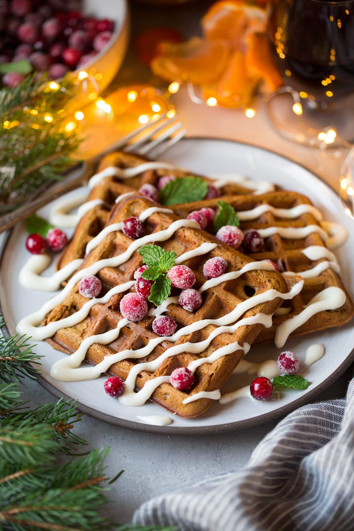 Perfectly Spiced Gingerbread Waffles & Tangy Cream Cheese Glaze